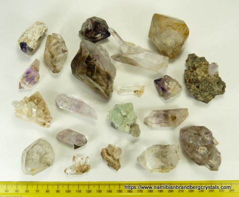 Twenty mineral specimens (27 - 63 mm long) from Brandberg