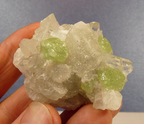Balls of gemmy prehnite crystals, with calcite and quartz