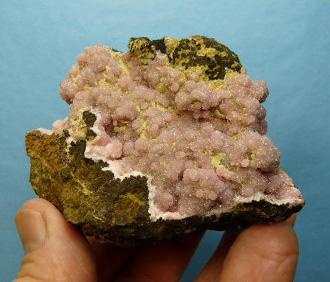 2-sided specimen sparkling, drusy, botryoidal rhodochrosite crystals, on matrix